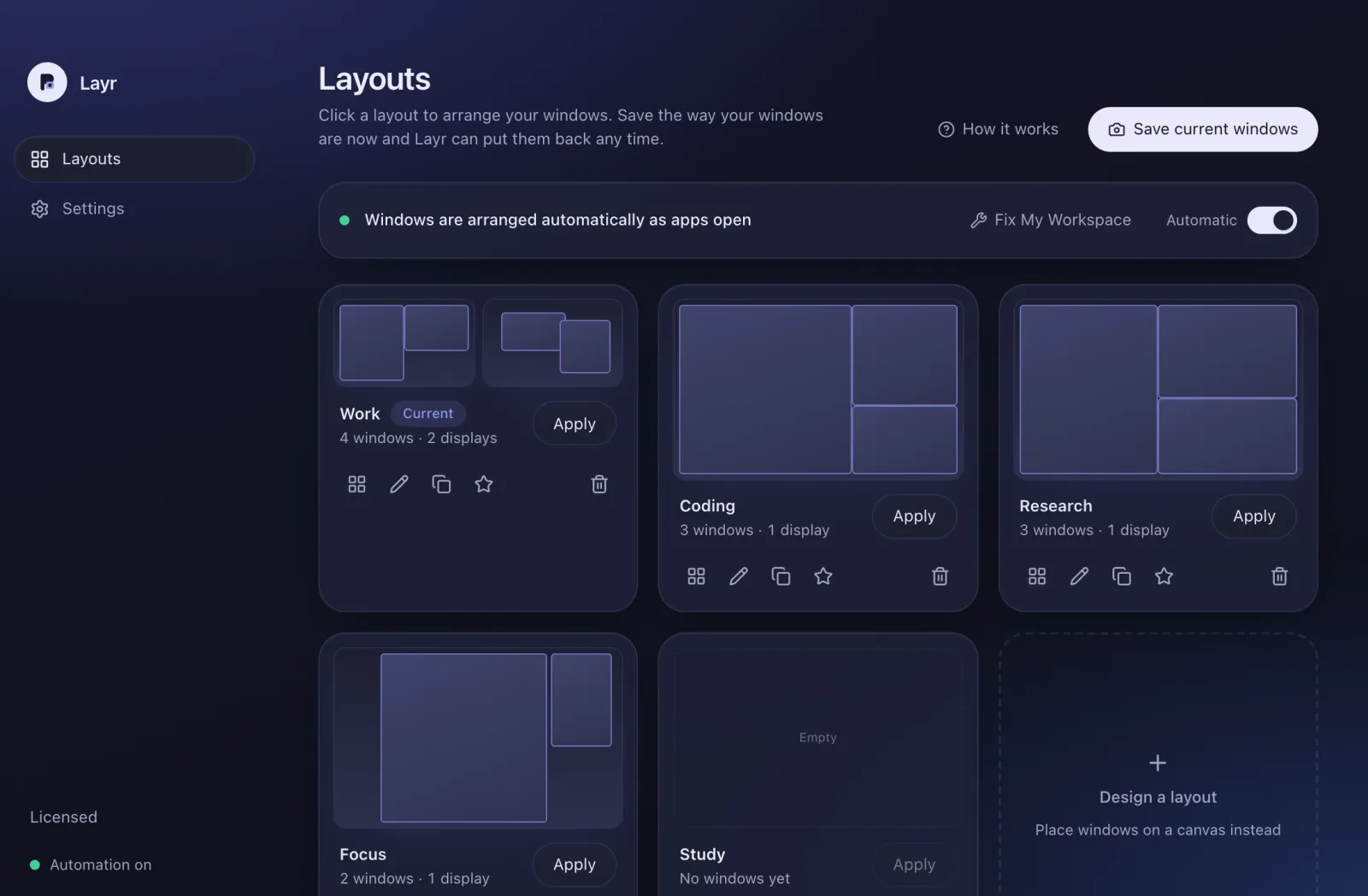 Layr’s Layouts screen with saved Work, Coding, Research and Focus layouts (sample data)